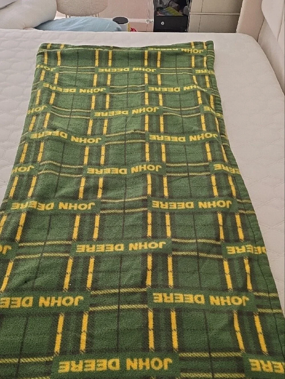 Vintage Wool Blend John Deere Green and Yellow Logo Fleece Throw